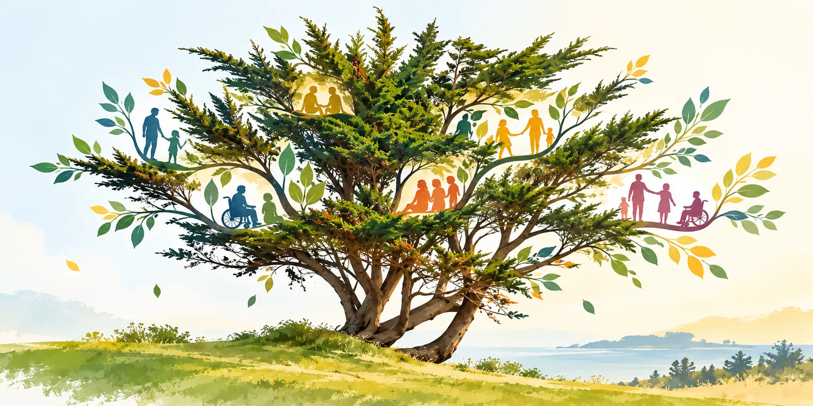 Illustration : un grand arbre dont les branches portent des silhouettes de familles, d’enfants et de personnes en fauteuil roulant, face à la mer